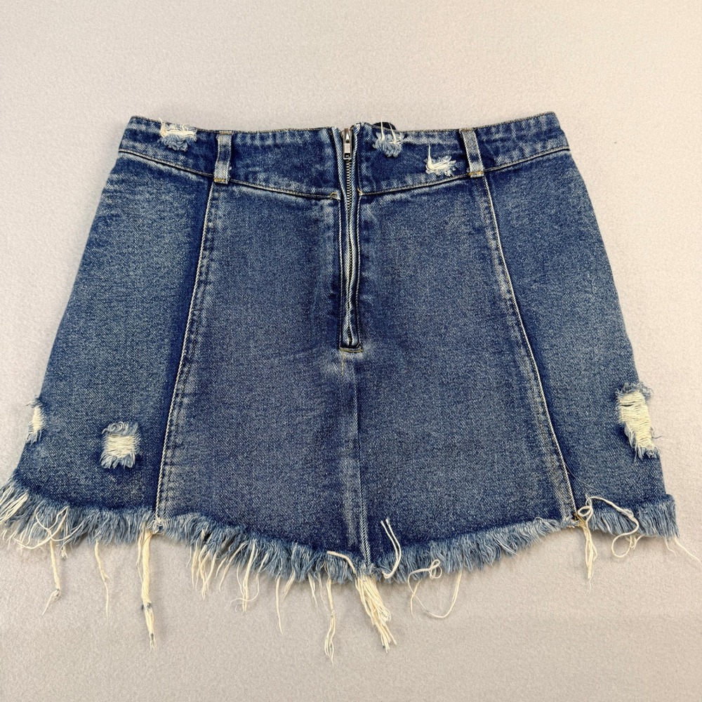 Signature 8 Distressed Denim Mini Skirt Medium Wash Lace Up Front Sz M GrungeY2K - Picture 2 of 5